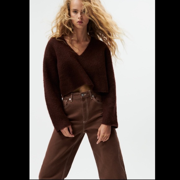 NWT ZARA WIDE LEG FULL LENGTH BROWN WAVY CURVY SIDE JEANS - Picture 6 of 10